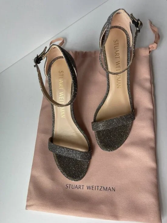 Stuart Weitzman NuNakedStraight Pyrite Metallic Sandal Stiletto Heel - Picture 7 of 8
